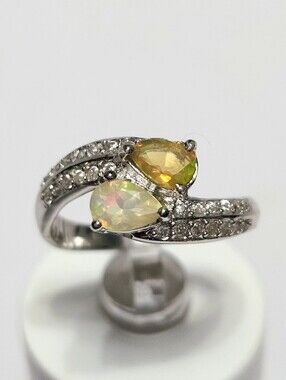 Opal Teardrop Double Stone Ring with Pavé Accents size 6.5